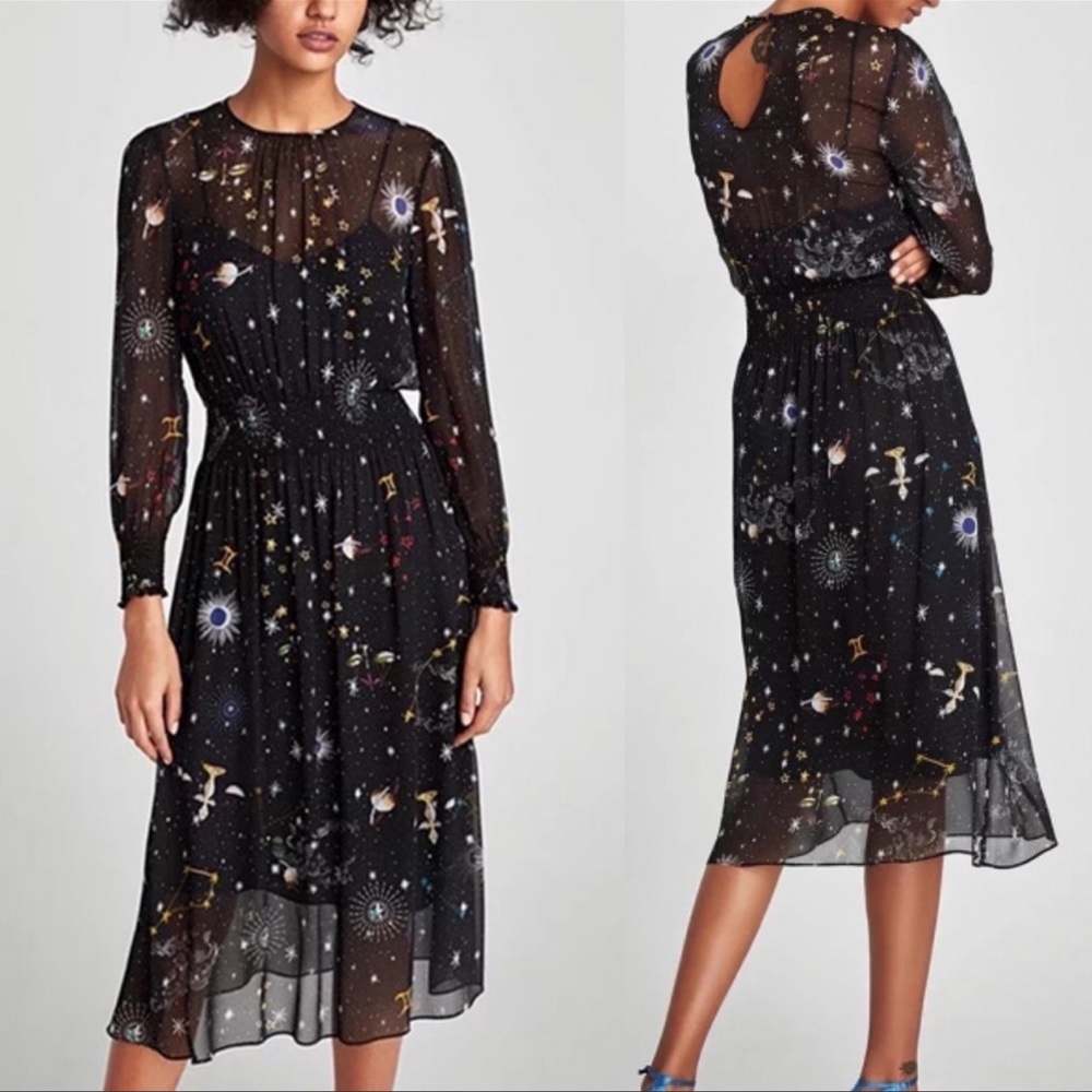 Zara Galaxy print sheer midi dress size small bloggers favorite